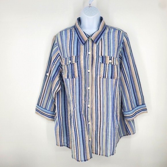 Liz Claiborne Blue Multi Stripe Crinkle 3/4 Sleeve Button Down Women 2X Shirt - Picture 1 of 9